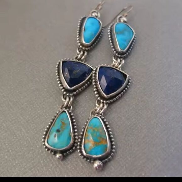 Elegant Blue and Turquoise Dangle Earrings - Picture 1 of 3